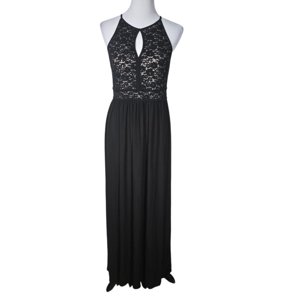 NW Night Way Petite 14P Black Lace Sequin Halter Maxi Dress